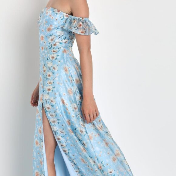 Blue Floral Maxi Dress - Endless Blooms Blue Floral Organza Off-the-Shoulder - Picture 1 of 8
